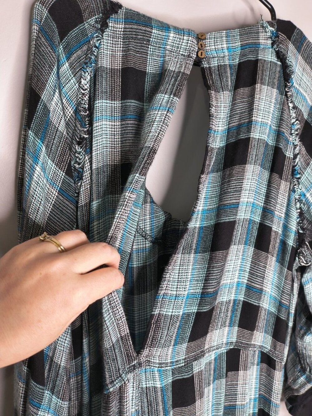 Falling For Flannel Free People Greenish Blue Checkered Romper Size M Oversized - Picture 10 of 15